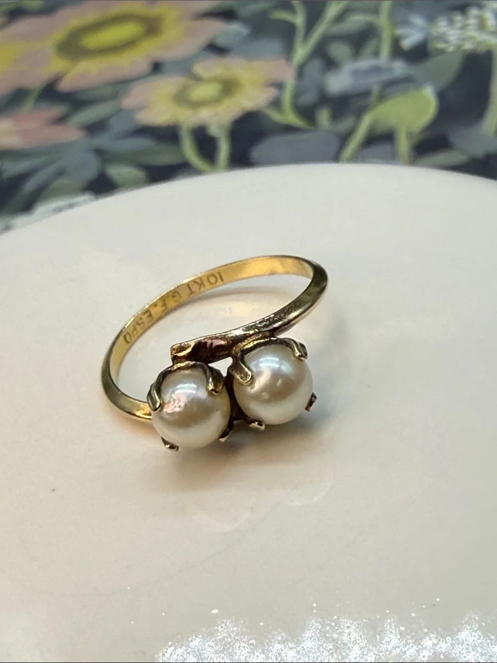 👑Vintage ESPO 10K Gold Filled Toi et Moi Bypass Pearl Ring Sz 8